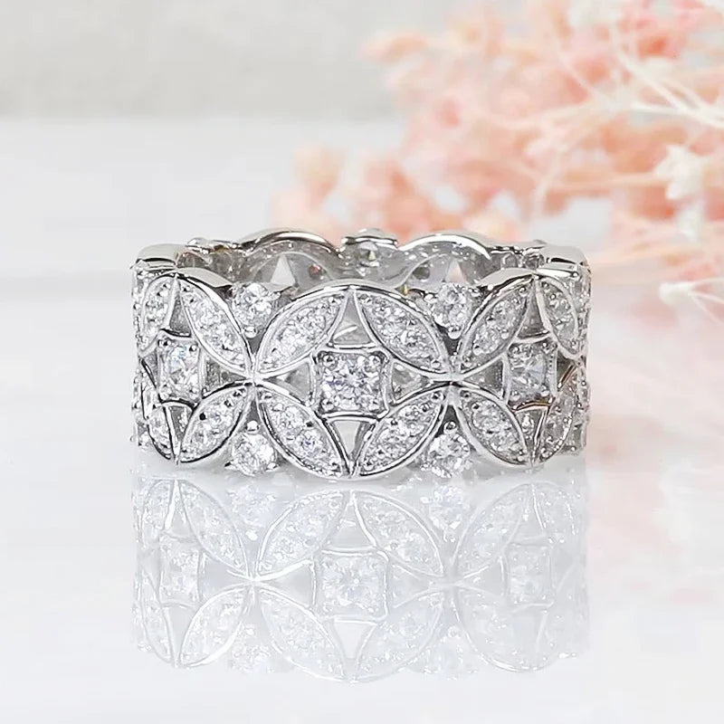 Huitan Hollowed-out Flower Wide Women’s Rings Exquisite Shiny Cubic Zirconia Finger Accessories Trendy Wedding Bridal Jewelry