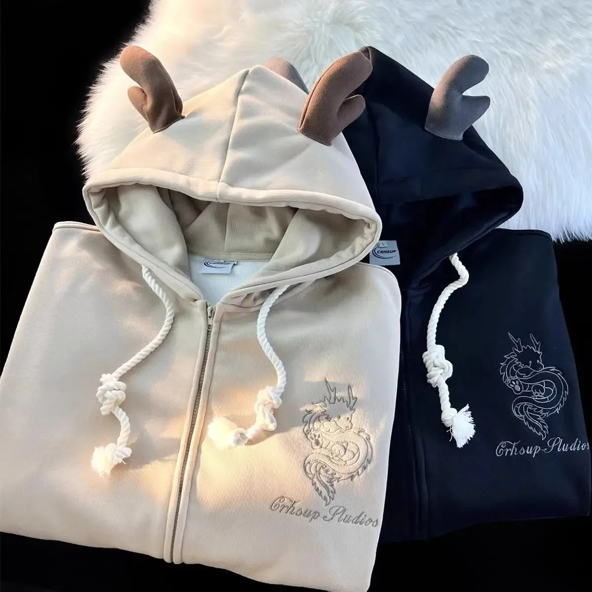 Harajuku New Zip Up Hoodie Year of The Dragon Embroidered Hoodies Long Sleeve Pullover