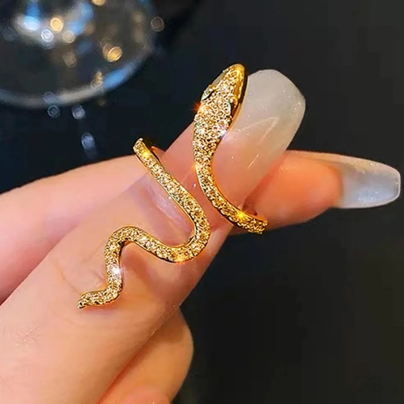 Punk Rhinestones Open Snake Ring Adjustable Animal Rings Reptile for Men Women Fashion Gothic Boy Girl Birthday Jewelry Gifts