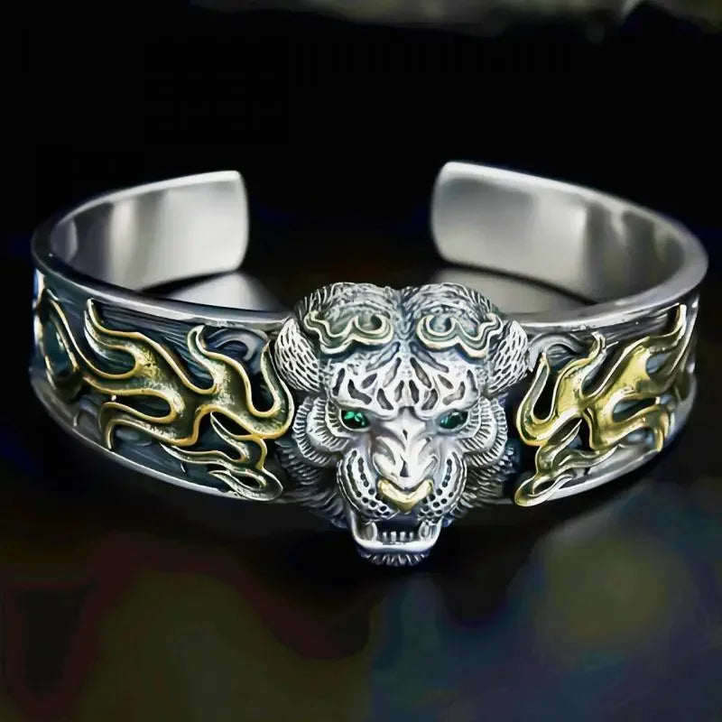 Retro Tibetan Six-Character Mantra Bracelet Scripture Lotus Opening Silver Plated Bracelet Twisted Line Men's