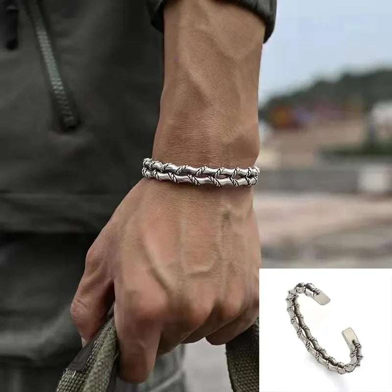 Retro Tibetan Six-Character Mantra Bracelet Scripture Lotus Opening Silver Plated Bracelet Twisted Line Men's