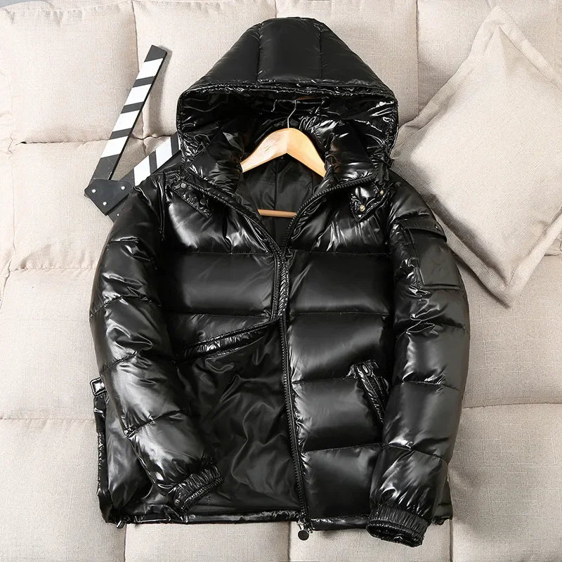 New Korean style glossy jacket short couple fashion trend retro loose thickened white duck down winter jacket