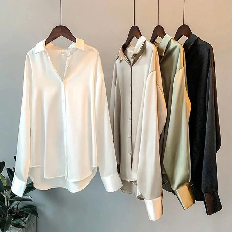 Women Autumn Shirt Vintage Satin Blouse Long Sleeve