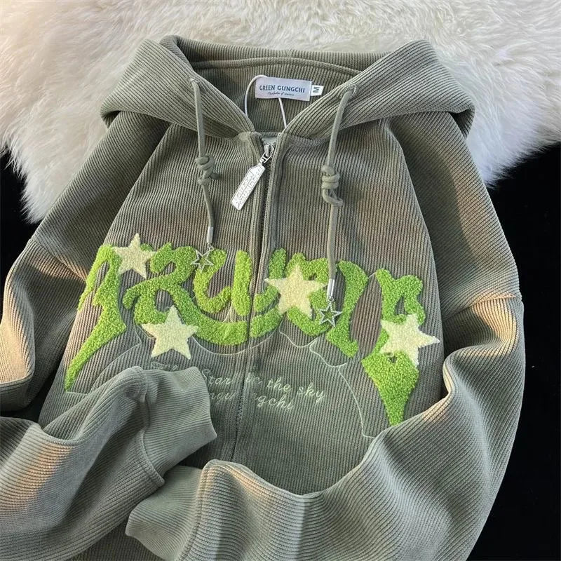 Fashion Embroidery Zip Up Hoodies Autumn Long Sleeve Tops Loose Hood Shirt