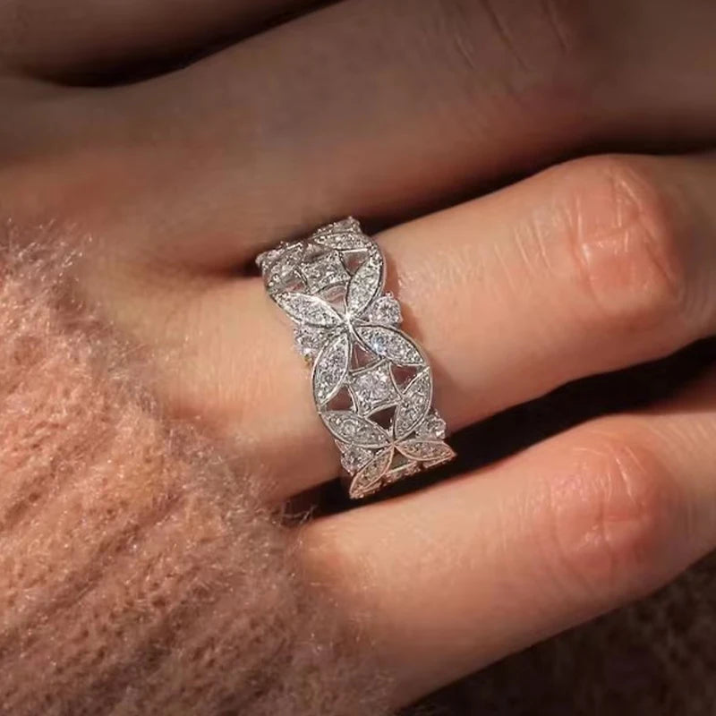 Huitan Hollowed-out Flower Wide Women’s Rings Exquisite Shiny Cubic Zirconia Finger Accessories Trendy Wedding Bridal Jewelry