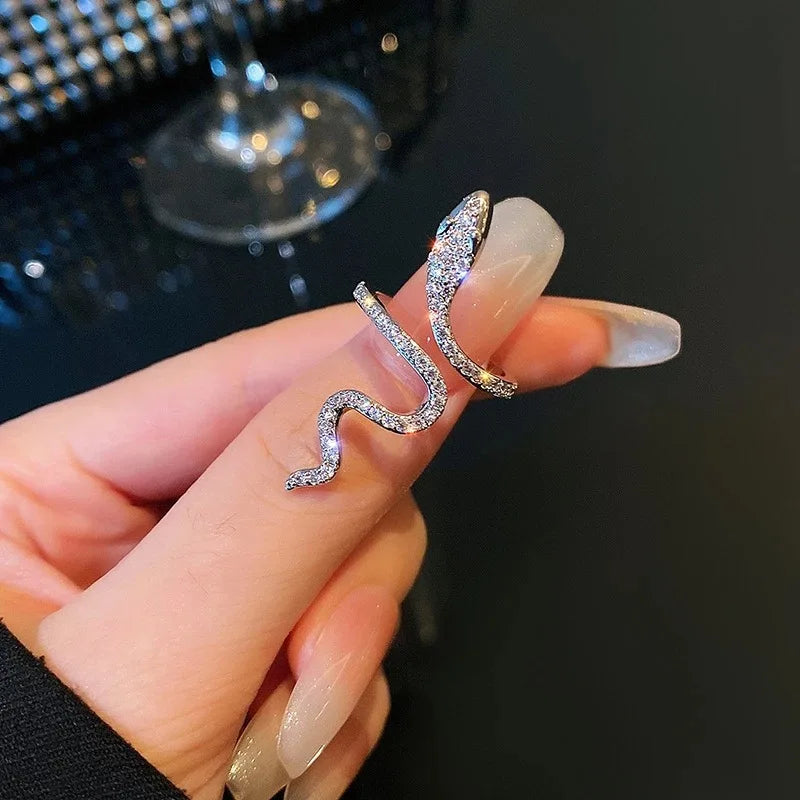 Punk Rhinestones Open Snake Ring Adjustable Animal Rings Reptile for Men Women Fashion Gothic Boy Girl Birthday Jewelry Gifts