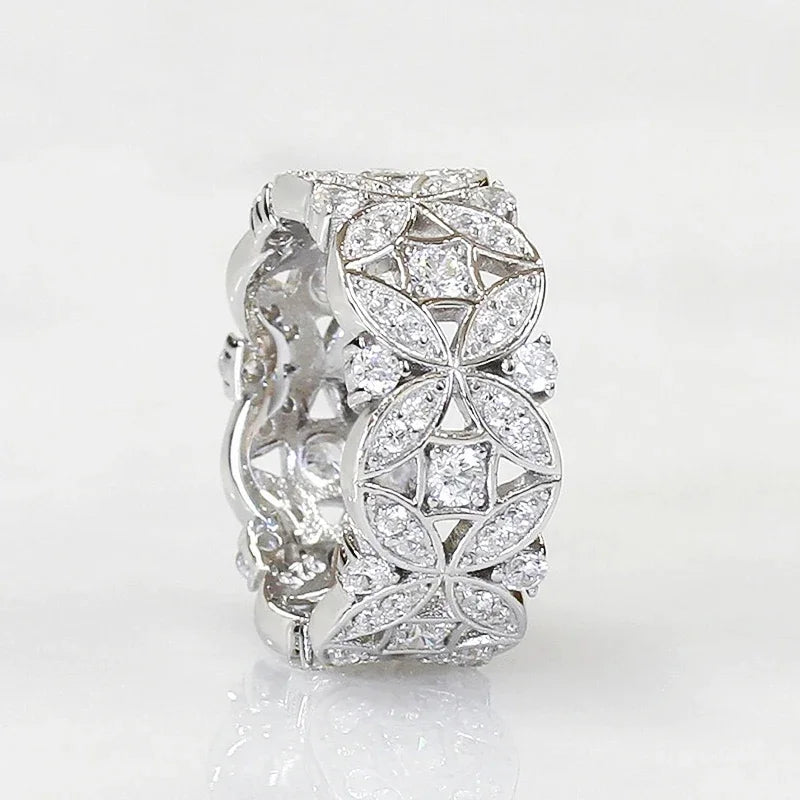 Huitan Hollowed-out Flower Wide Women’s Rings Exquisite Shiny Cubic Zirconia Finger Accessories Trendy Wedding Bridal Jewelry