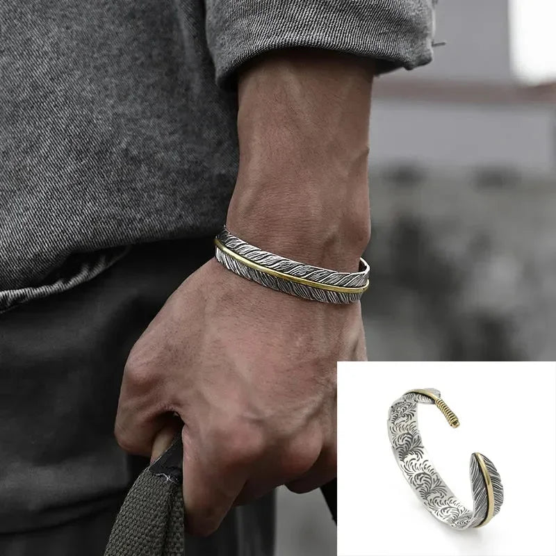 Retro Tibetan Six-Character Mantra Bracelet Scripture Lotus Opening Silver Plated Bracelet Twisted Line Men's