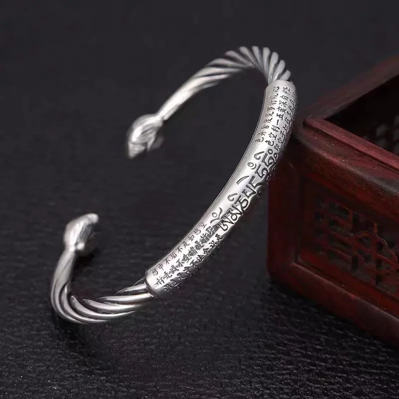 Retro Tibetan Six-Character Mantra Bracelet Scripture Lotus Opening Silver Plated Bracelet Twisted Line Men's