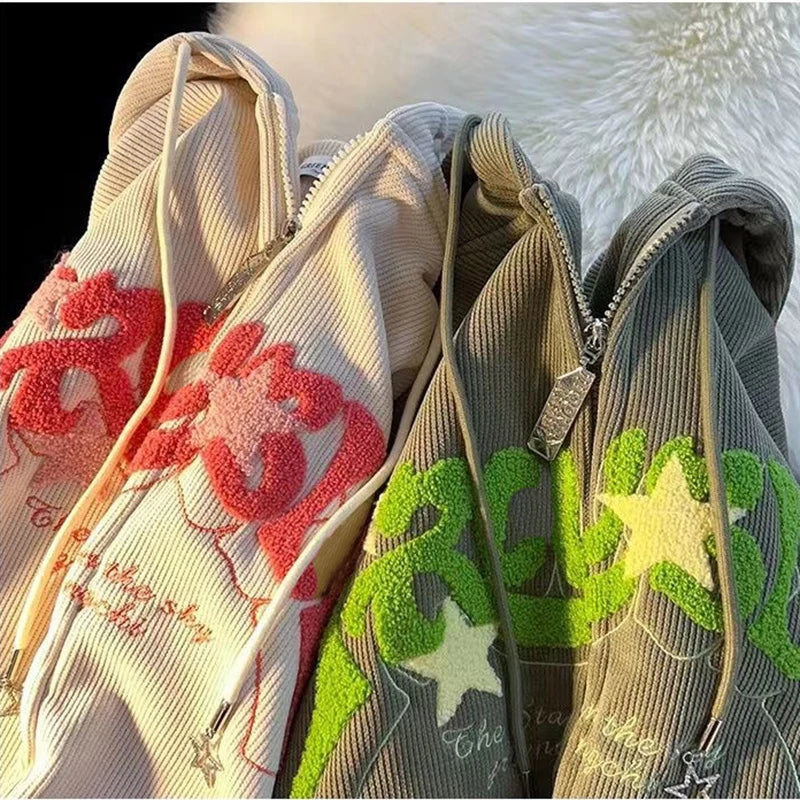 Fashion Embroidery Zip Up Hoodies Autumn Long Sleeve Tops Loose Hood Shirt