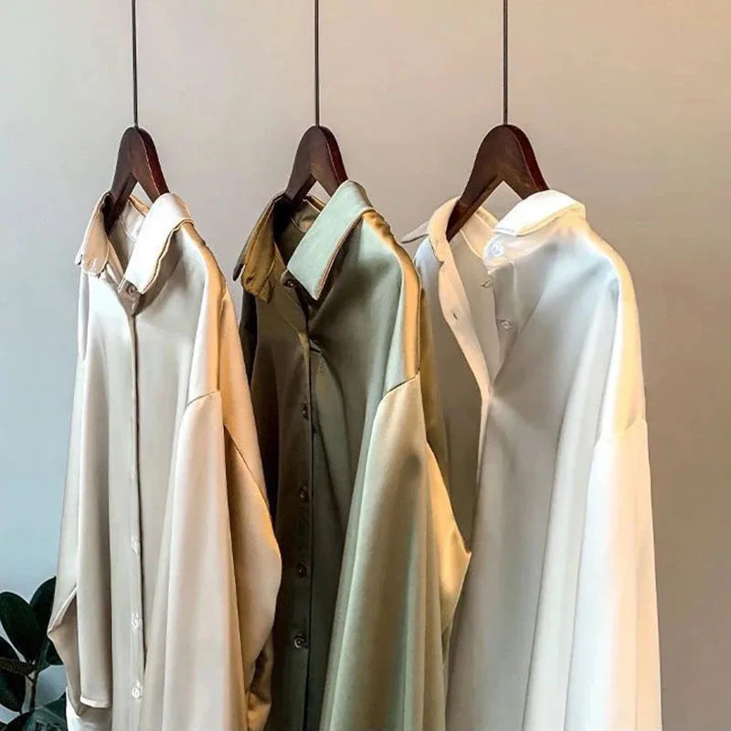 Women Autumn Shirt Vintage Satin Blouse Long Sleeve