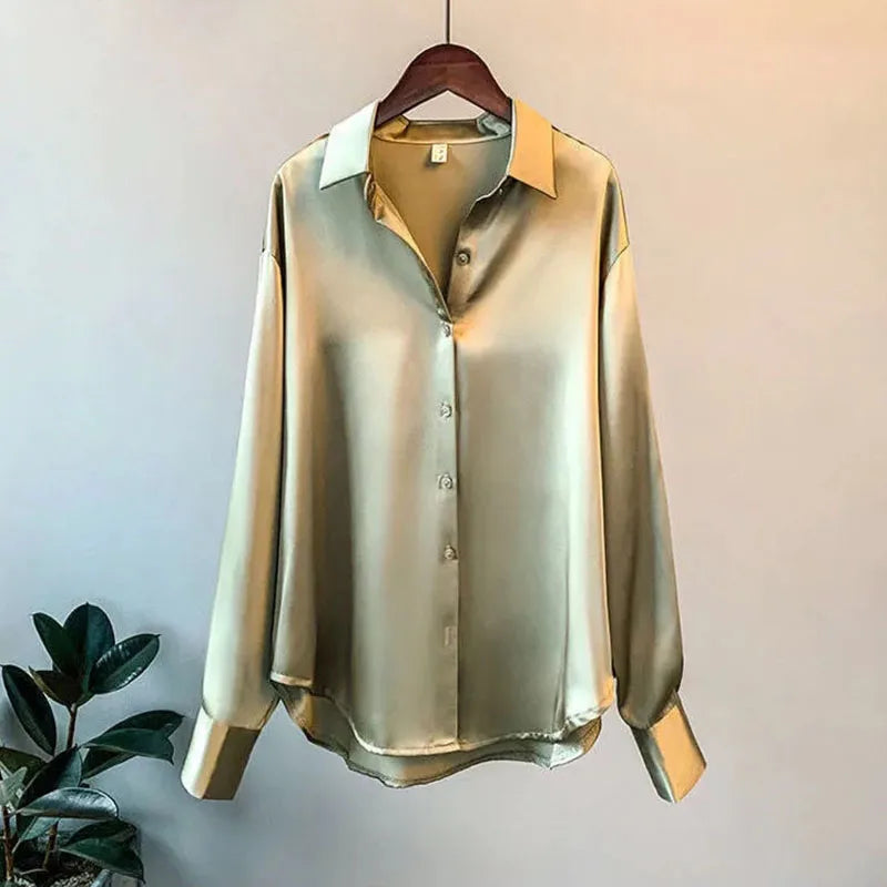 Women Autumn Shirt Vintage Satin Blouse Long Sleeve