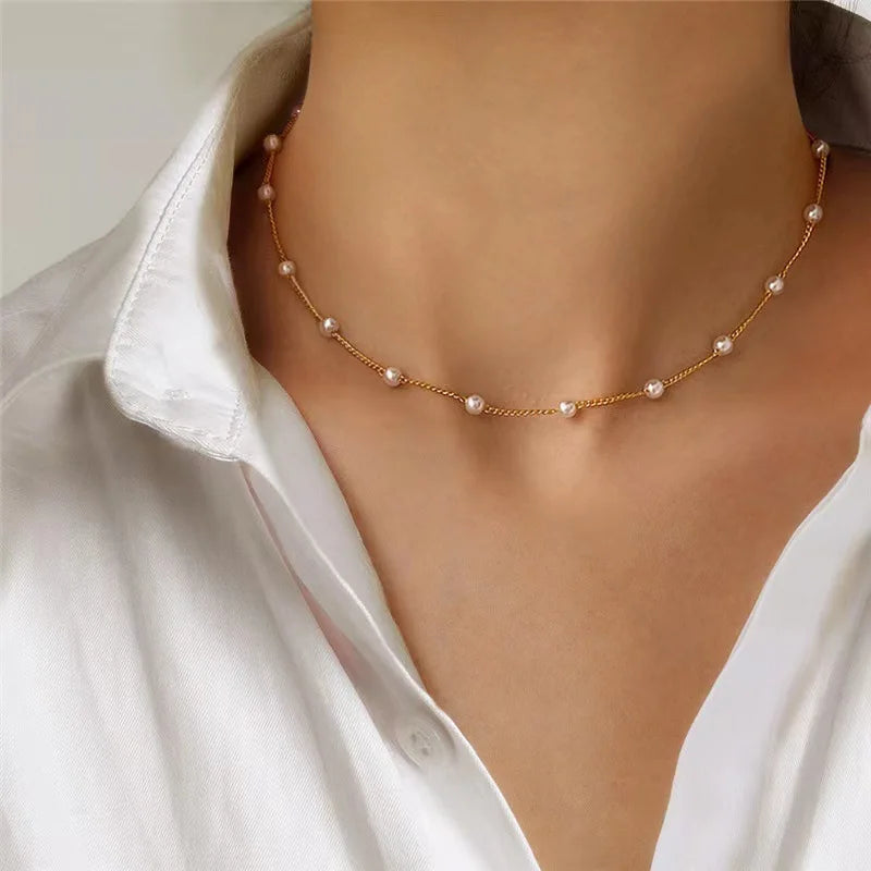 Women's Pearl Necklace Set 14K Gold Fashion Love Heart Pendant Waterproof Hypoallergenic Collarbone Neck Chain Jewelry