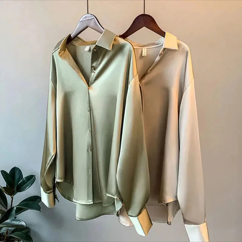 Women Autumn Shirt Vintage Satin Blouse Long Sleeve