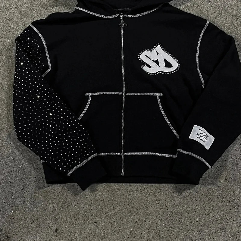 Streetwear Retro Men Embroidery Personalized Diamond Oversized Hoodie Men Women Harajuku Sweatshirt