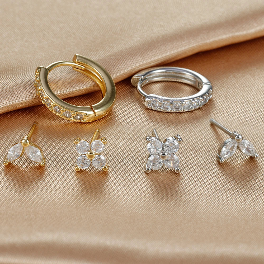 Stainless Steel Gold Color Circle Hoop Earrings Set for Women Simple Zircon Flower Stud Earring Cartilage Piercing Jewelry