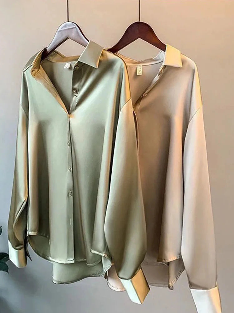 Women Autumn Shirt Vintage Satin Blouse Long Sleeve