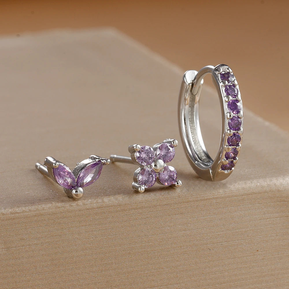 Stainless Steel Gold Color Circle Hoop Earrings Set for Women Simple Zircon Flower Stud Earring Cartilage Piercing Jewelry