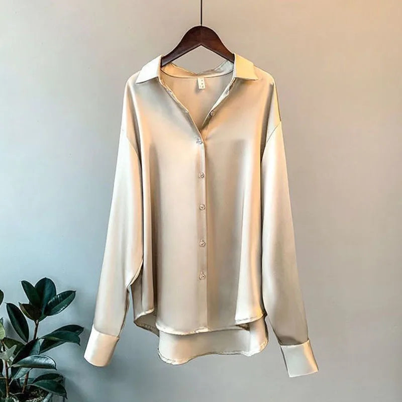 Women Autumn Shirt Vintage Satin Blouse Long Sleeve