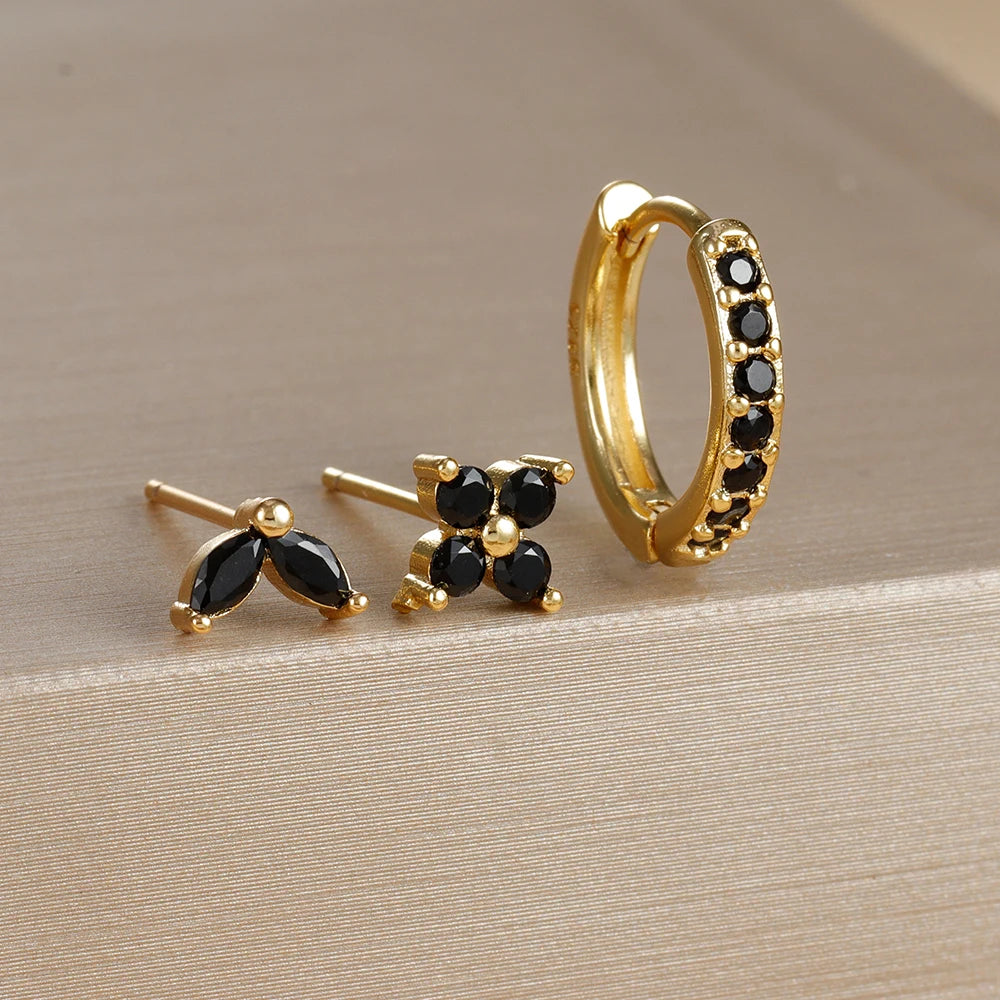 Stainless Steel Gold Color Circle Hoop Earrings Set for Women Simple Zircon Flower Stud Earring Cartilage Piercing Jewelry