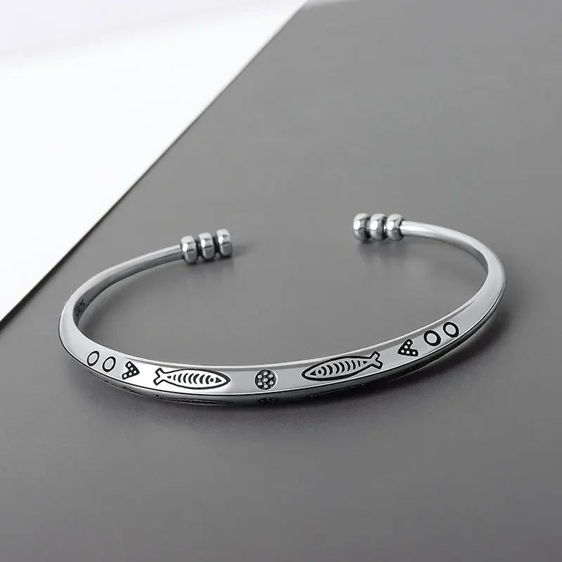 Retro Tibetan Six-Character Mantra Bracelet Scripture Lotus Opening Silver Plated Bracelet Twisted Line Men's