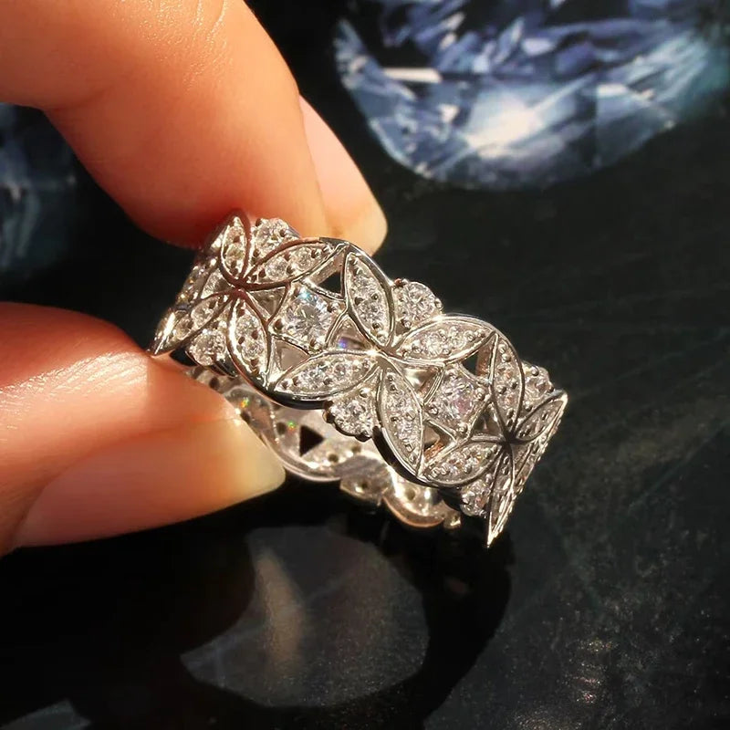 Huitan Hollowed-out Flower Wide Women’s Rings Exquisite Shiny Cubic Zirconia Finger Accessories Trendy Wedding Bridal Jewelry
