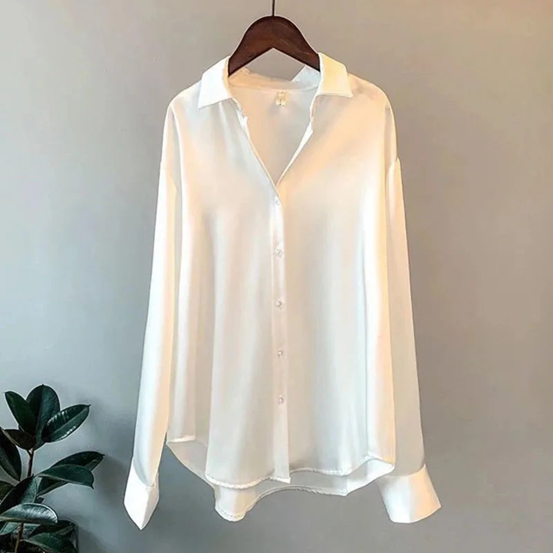 Women Autumn Shirt Vintage Satin Blouse Long Sleeve