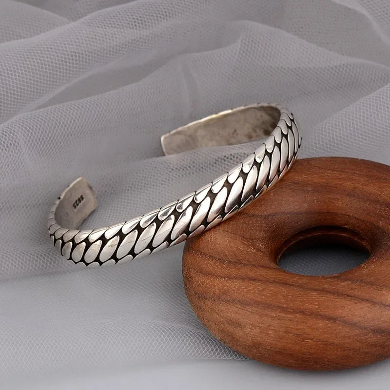 Retro Tibetan Six-Character Mantra Bracelet Scripture Lotus Opening Silver Plated Bracelet Twisted Line Men's