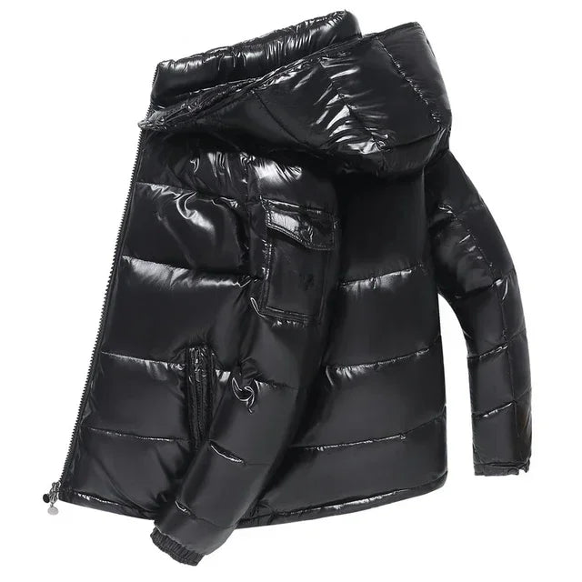 New Korean style glossy jacket short couple fashion trend retro loose thickened white duck down winter jacket