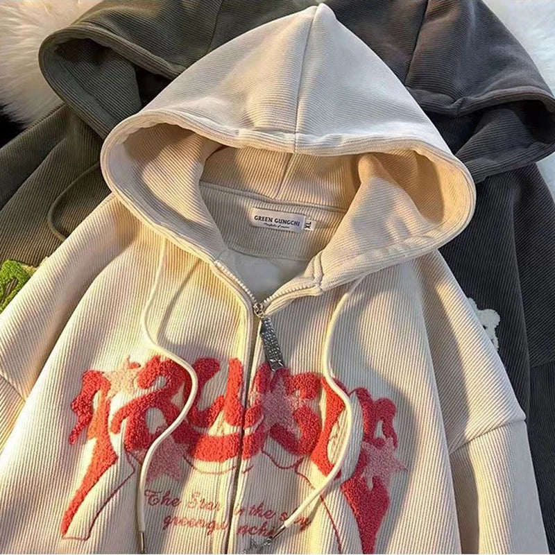 Fashion Embroidery Zip Up Hoodies Autumn Long Sleeve Tops Loose Hood Shirt