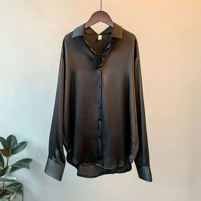 Women Autumn Shirt Vintage Satin Blouse Long Sleeve