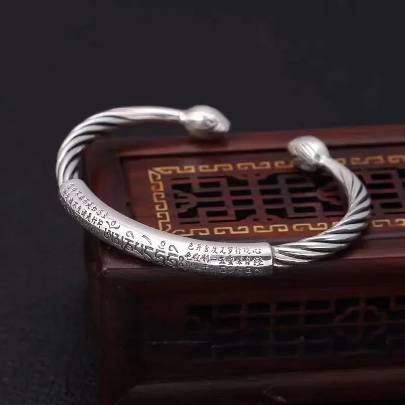 Retro Tibetan Six-Character Mantra Bracelet Scripture Lotus Opening Silver Plated Bracelet Twisted Line Men's