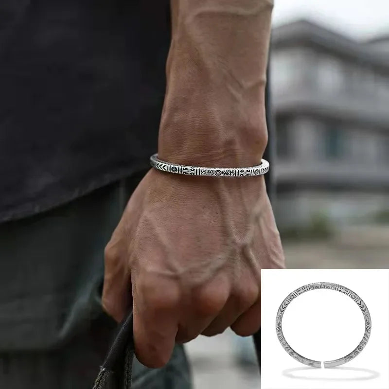 Retro Tibetan Six-Character Mantra Bracelet Scripture Lotus Opening Silver Plated Bracelet Twisted Line Men's