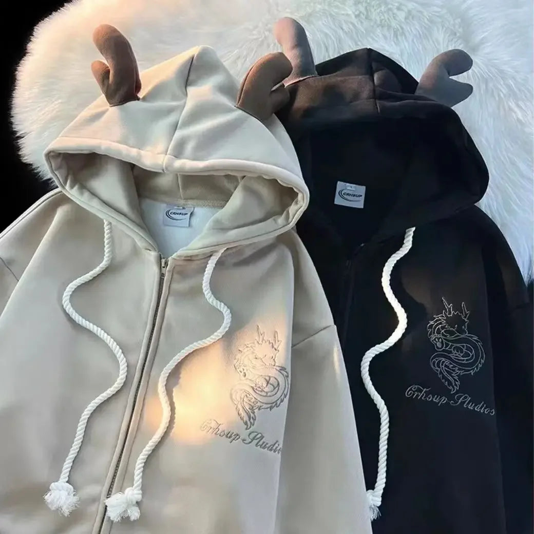 Harajuku New Zip Up Hoodie Year of The Dragon Embroidered Hoodies Long Sleeve Pullover
