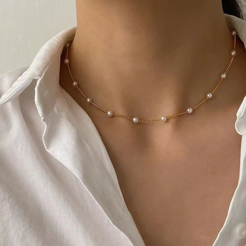 Women's Pearl Necklace Set 14K Gold Fashion Love Heart Pendant Waterproof Hypoallergenic Collarbone Neck Chain Jewelry