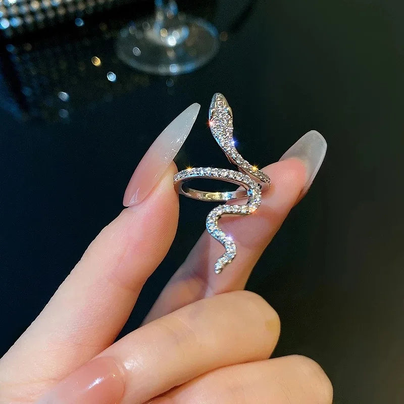 Punk Rhinestones Open Snake Ring Adjustable Animal Rings Reptile for Men Women Fashion Gothic Boy Girl Birthday Jewelry Gifts