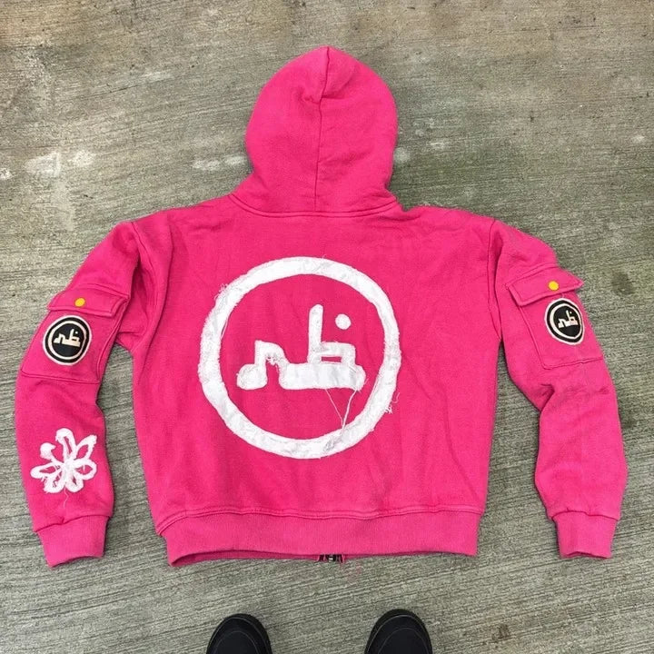 Zip Up Hoodie Hip Hop New Fashion Patch Oversized Hoodie Men Women Loose Casual