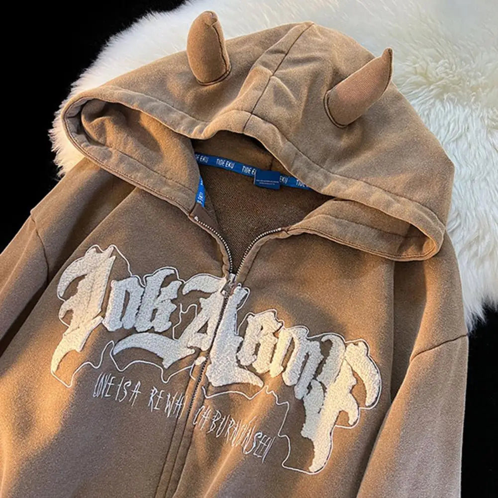 Hoodies Zip Up Letter Pattern Loose Sweatshirt Autumn Hooded Sweatshirt Zipper Woman And Man