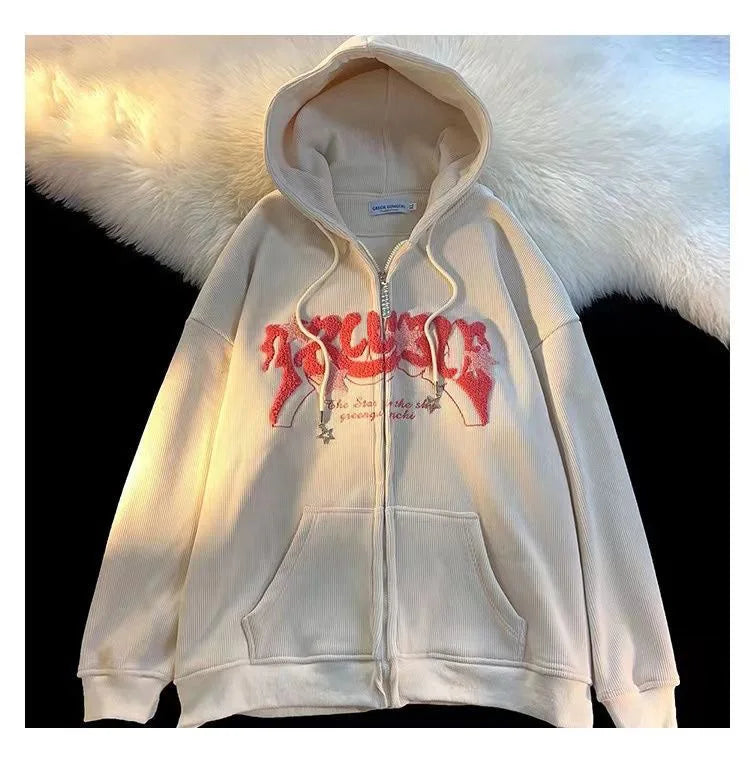 Fashion Embroidery Zip Up Hoodies Autumn Long Sleeve Tops Loose Hood Shirt