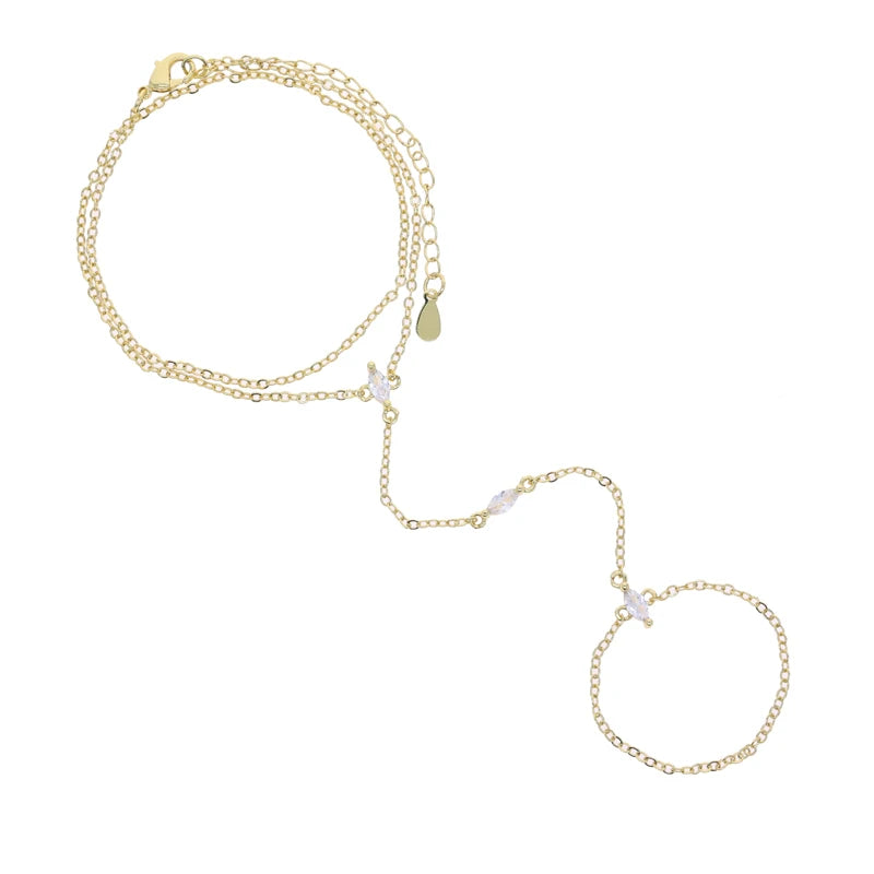 Geometric 3 Pcs Marquise Cubic Zirconia CZ Double Wrist Hand Chain Bracelet Simple Fashion Women Jewelry