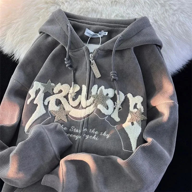 Fashion Embroidery Zip Up Hoodies Autumn Long Sleeve Tops Loose Hood Shirt