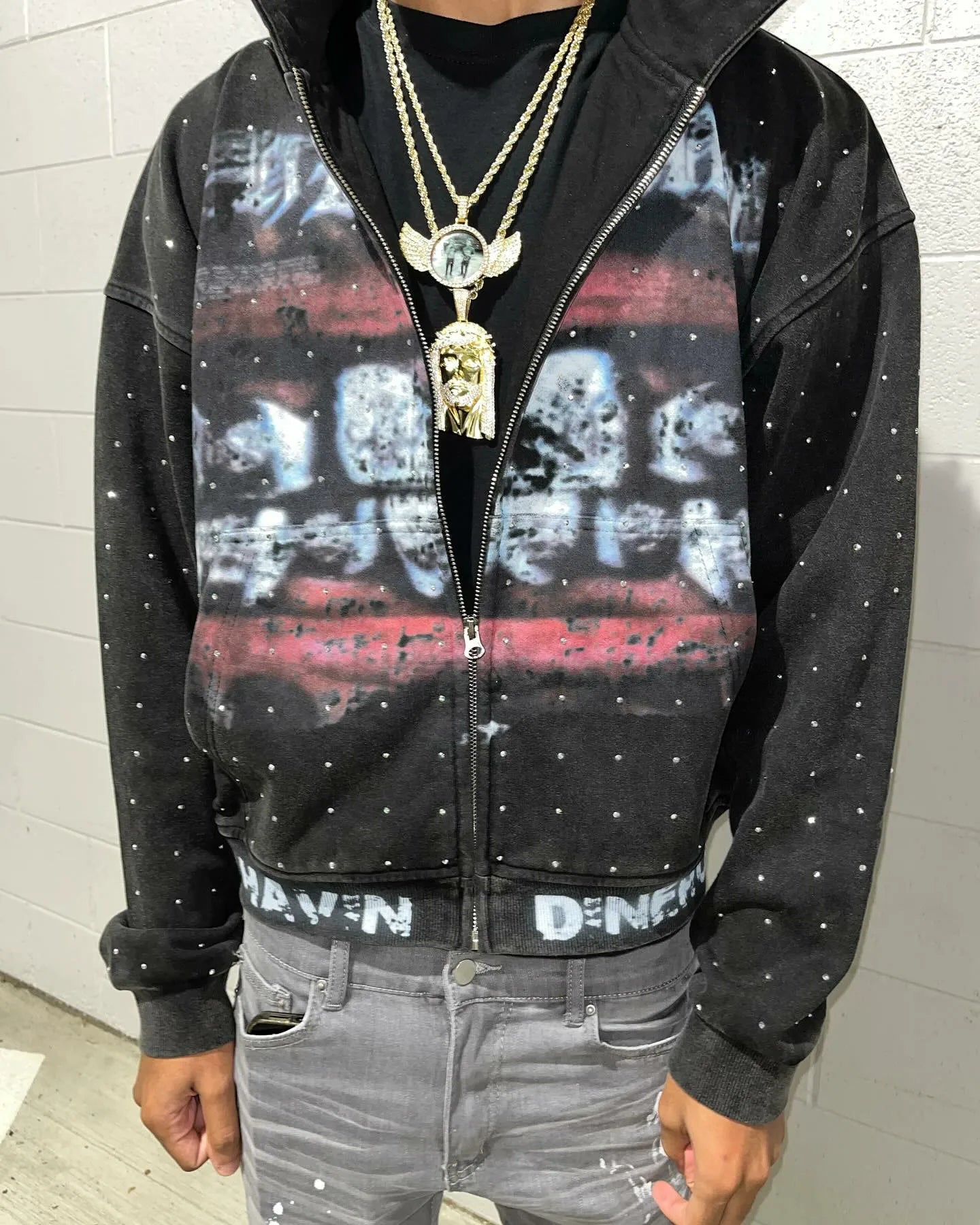 Streetwear Fashion Rhinestone Zip Up Print Oversized Black Hooded Jacket Men Women