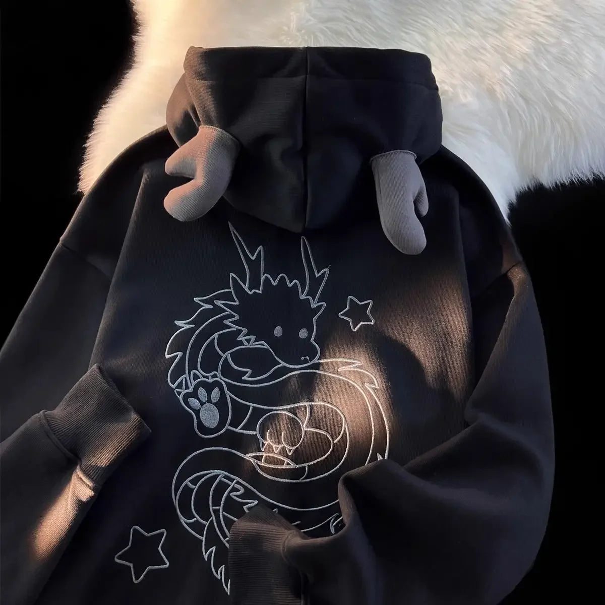 Harajuku New Zip Up Hoodie Year of The Dragon Embroidered Hoodies Long Sleeve Pullover