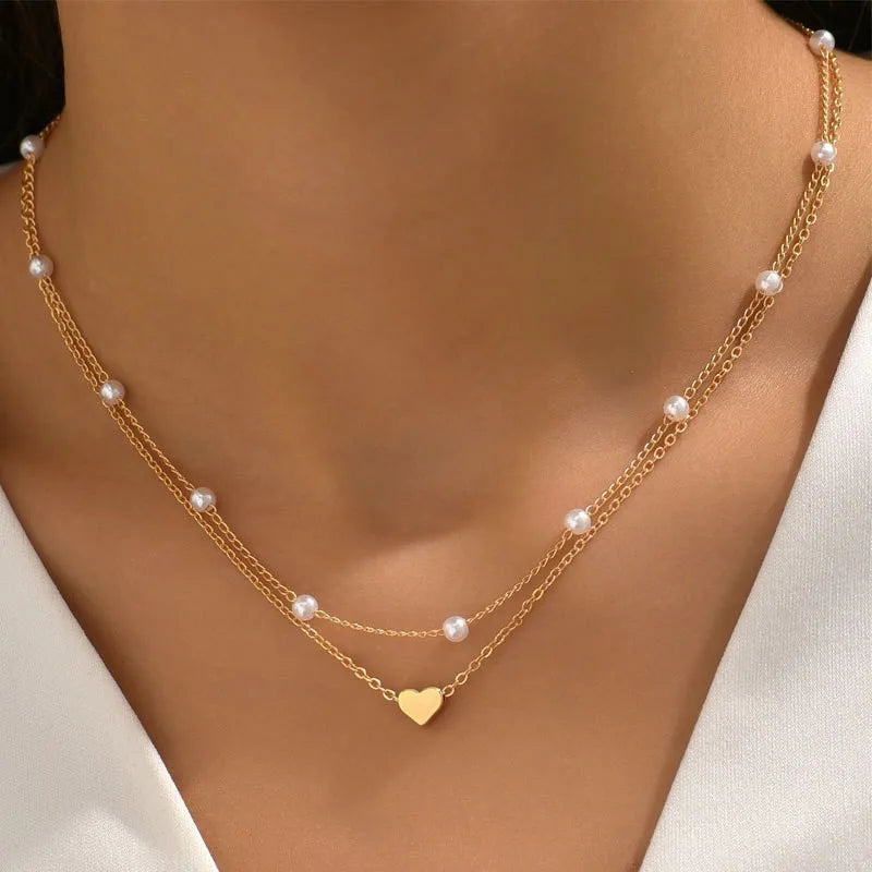 Women's Pearl Necklace Set 14K Gold Fashion Love Heart Pendant Waterproof Hypoallergenic Collarbone Neck Chain Jewelry