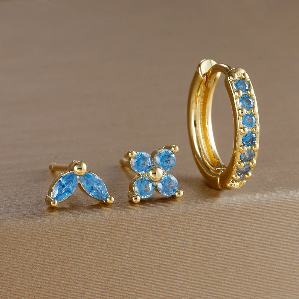 Stainless Steel Gold Color Circle Hoop Earrings Set for Women Simple Zircon Flower Stud Earring Cartilage Piercing Jewelry