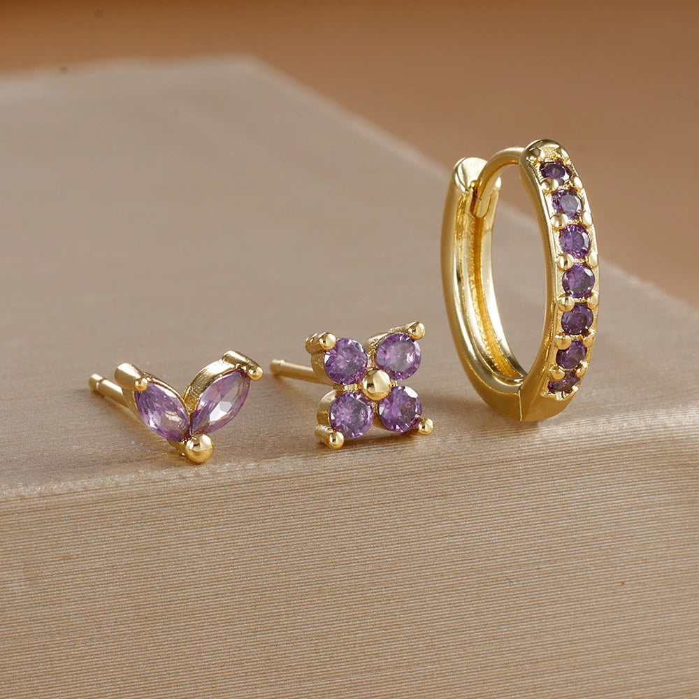 Stainless Steel Gold Color Circle Hoop Earrings Set for Women Simple Zircon Flower Stud Earring Cartilage Piercing Jewelry