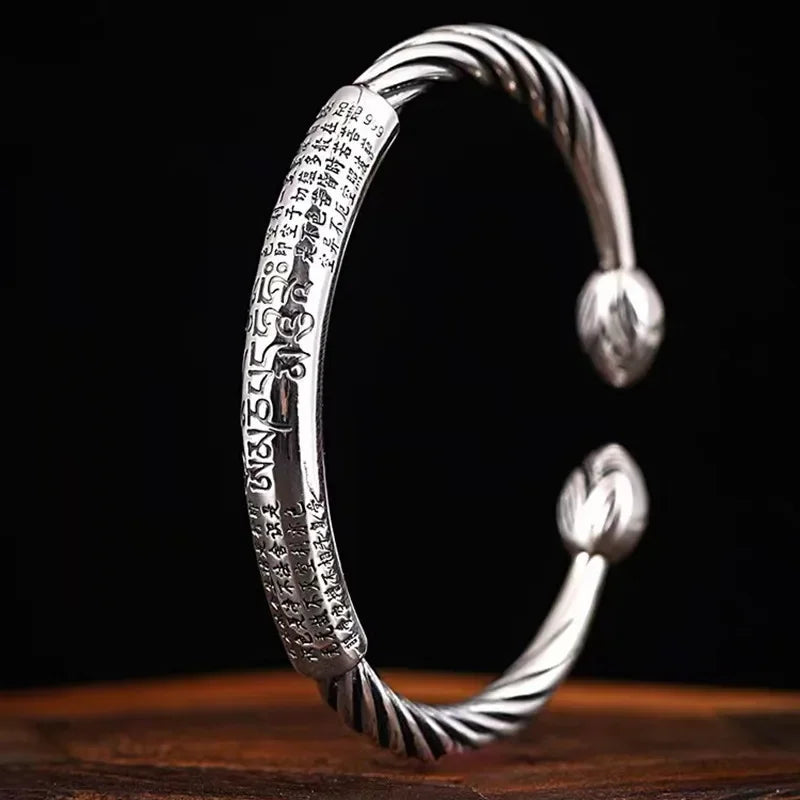 Retro Tibetan Six-Character Mantra Bracelet Scripture Lotus Opening Silver Plated Bracelet Twisted Line Men's