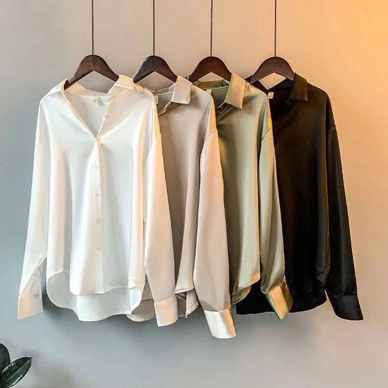 Women Autumn Shirt Vintage Satin Blouse Long Sleeve