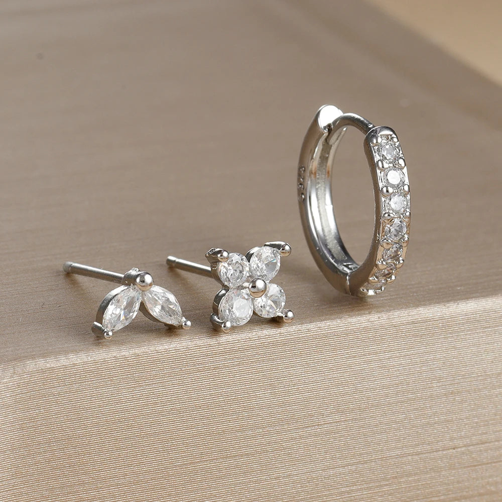 Stainless Steel Gold Color Circle Hoop Earrings Set for Women Simple Zircon Flower Stud Earring Cartilage Piercing Jewelry