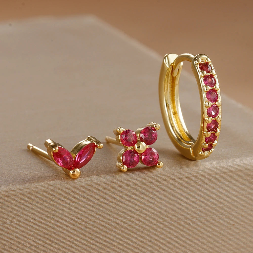 Stainless Steel Gold Color Circle Hoop Earrings Set for Women Simple Zircon Flower Stud Earring Cartilage Piercing Jewelry